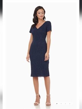 JS Collections Erin V-Neck Midi Dress Size 14 Navy Blue